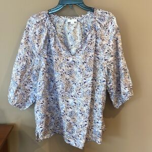J.Jill Linen Purple Floral& Butterfly Print V neck Top- Blouson Sleeves- Size M
